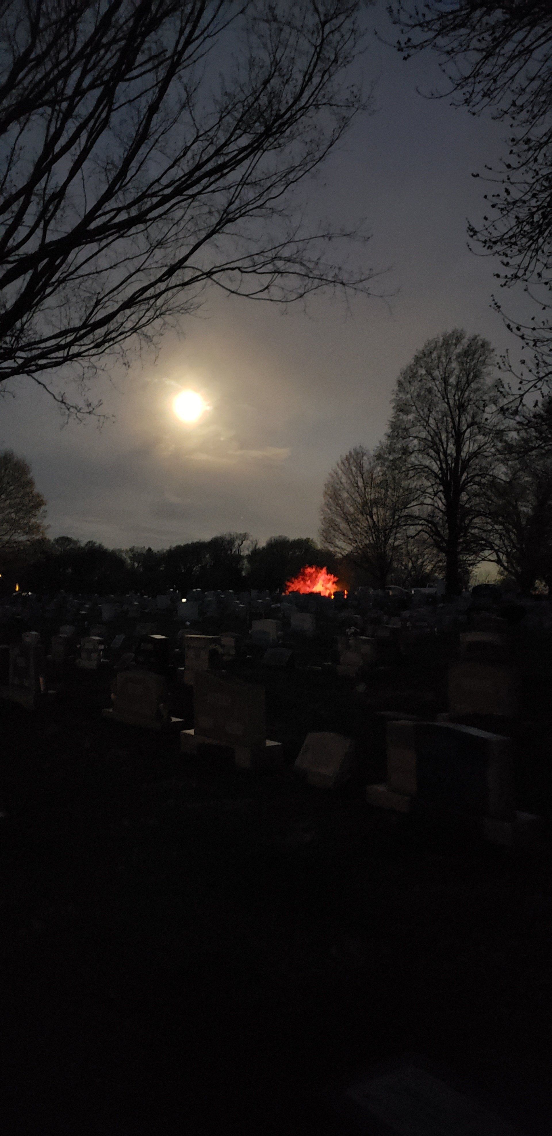 Moonlit cemetery with dark trees, a bright moon, and a small orange fire in the distance