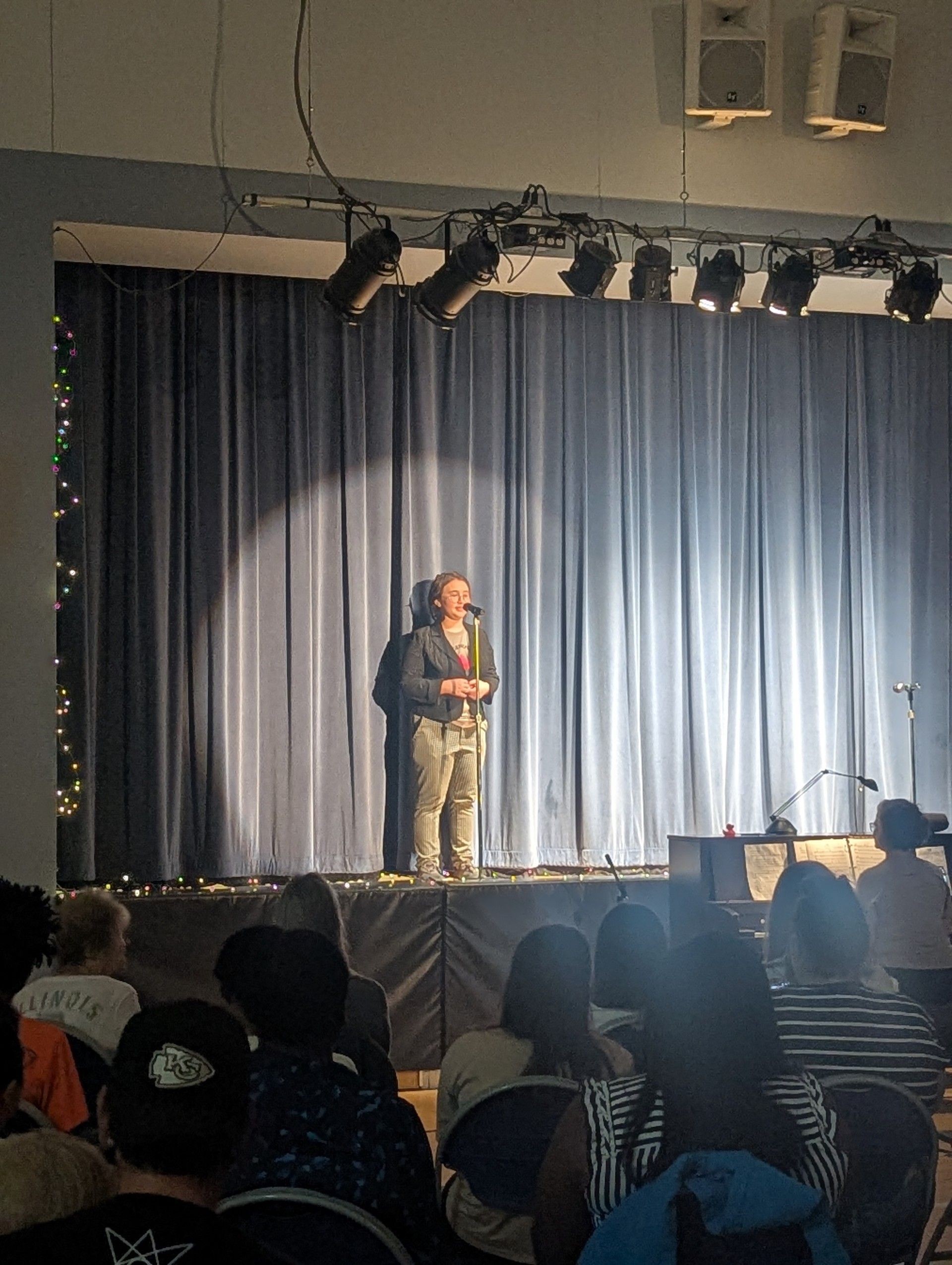 Person speaking on a small stage before blue curtains, with audience seated in the foreground.