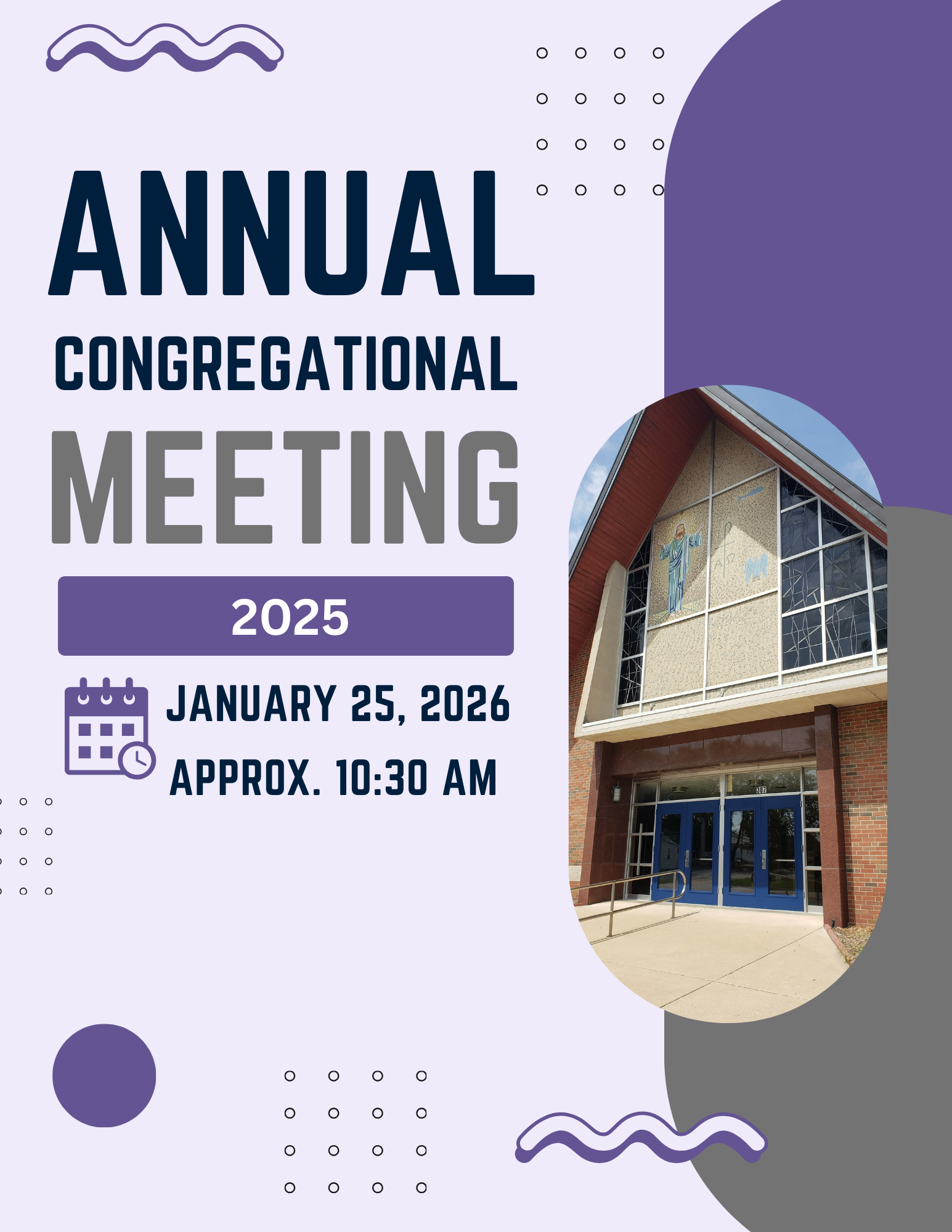 Annual Congregational Meeting 2025 poster with church photo, purple-gray design, January 25, 10:30 AM.