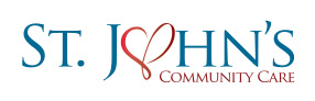 St. John’s Community Care logo in blue and red text with a red heart-shaped line
