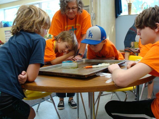 Children gathered around a table, leaning over a tray while an adult watches in a classroom.