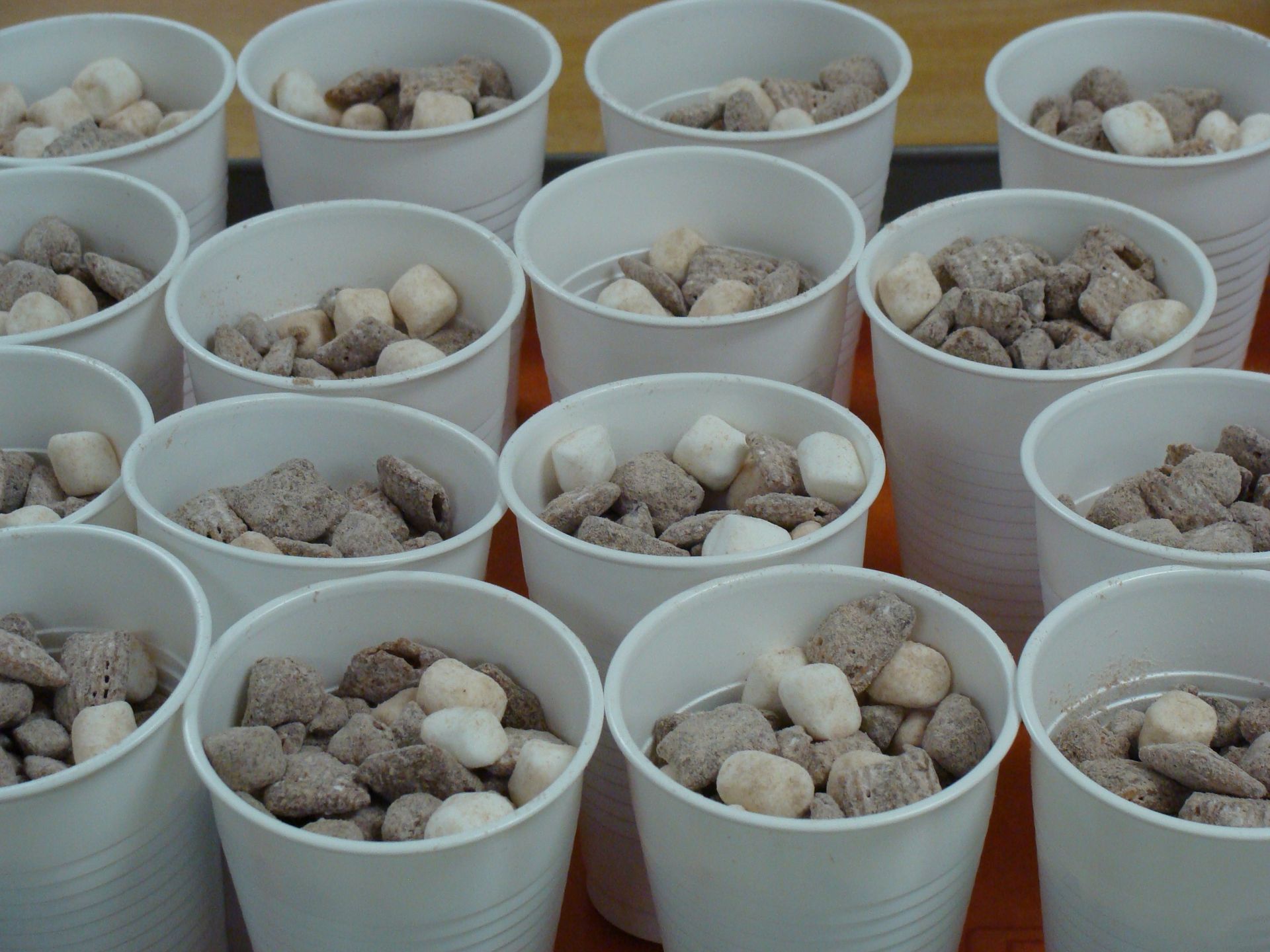Rows of white cups filled with pebbles or seeds on a table