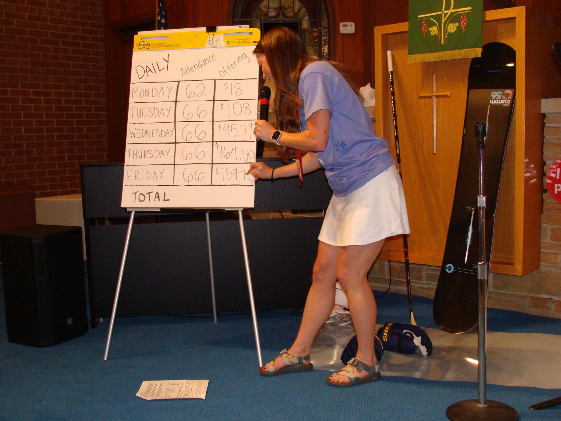 Woman writing on a large chart on a tripod easel in a room with a blue carpet