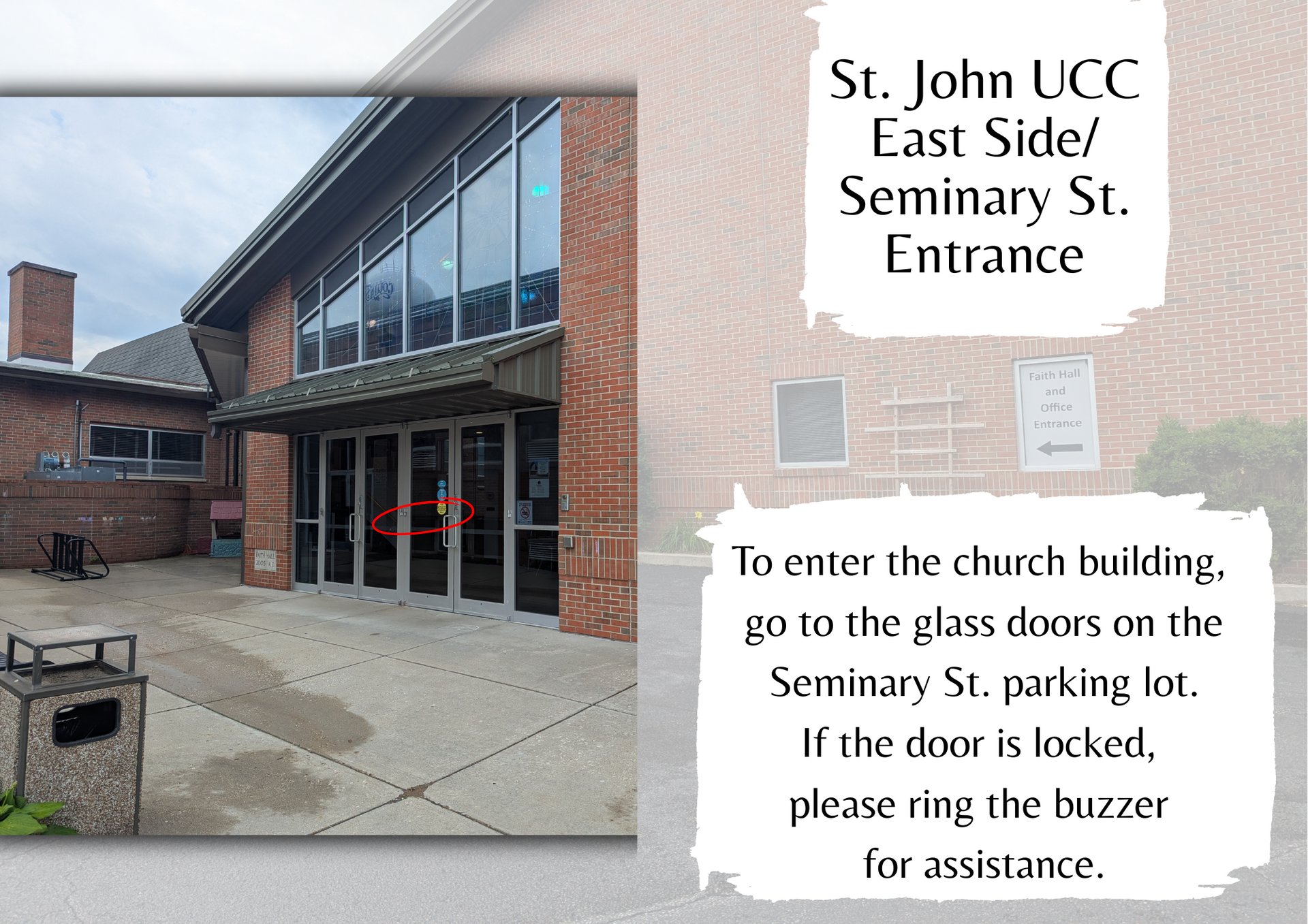 St. John UCC east side seminary entrance with sign and directions for locked door access