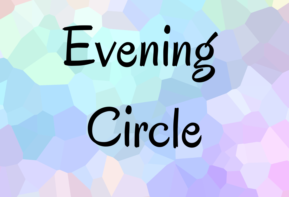 Evening Circle text in black on a pastel blue, purple, and pink mosaic background