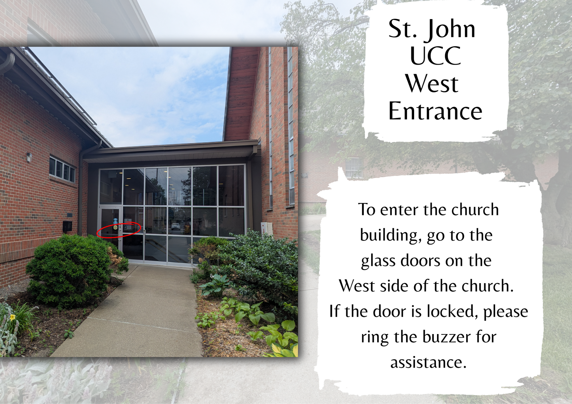 Entrance to St. John UCC West Entrance with glass doors and accessible sign