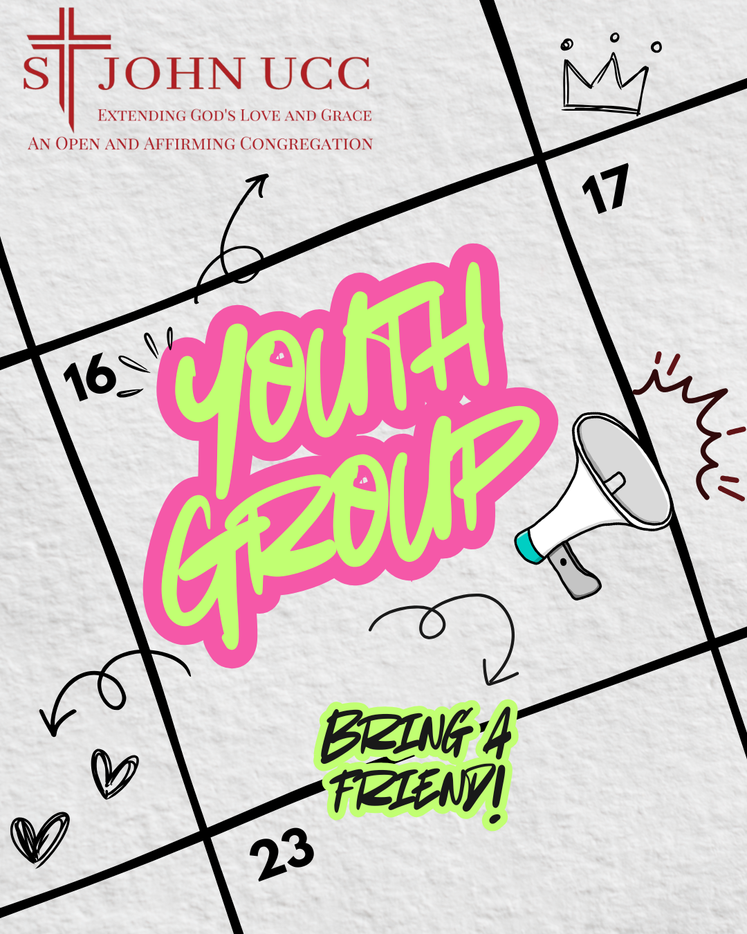 Youth group flyer with neon pink and green text, a megaphone, and calendar-style doodles on white paper.