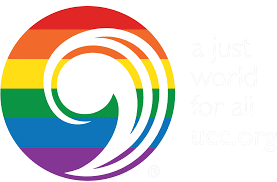 Rainbow circular logo with a white spiral center and faint text on a white background