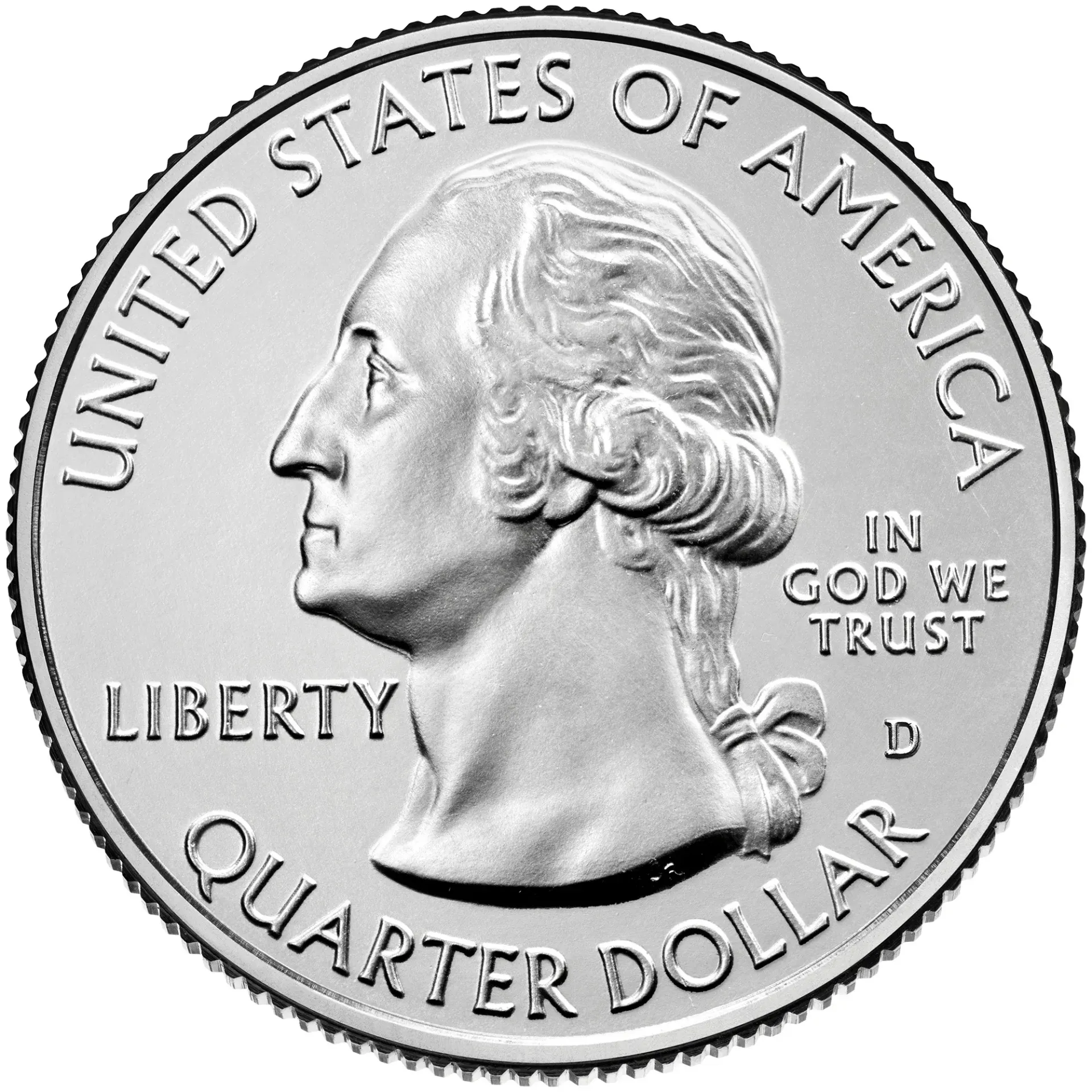 Quarter coin showing George Washington's bust facing left, text