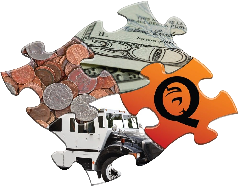 Puzzle pieces of money, armored truck, and an orange