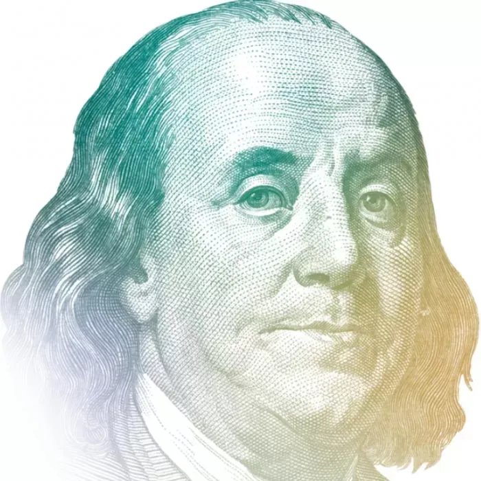 Benjamin Franklin portrait, green and gold tint.