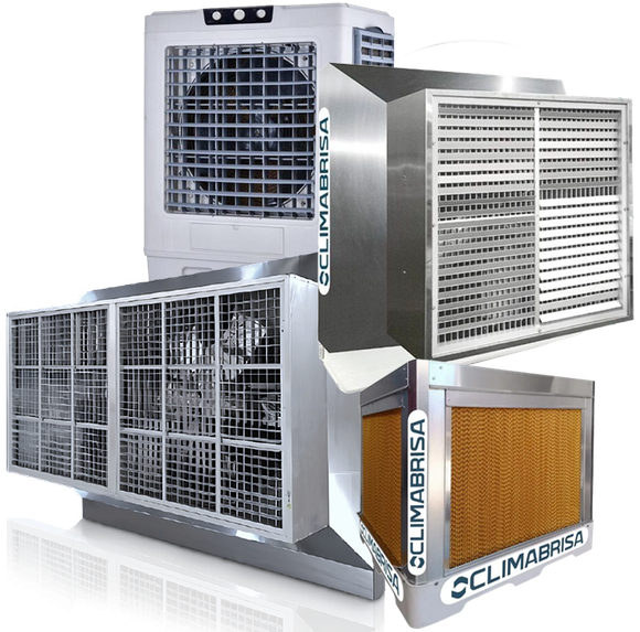 Quatro climatizadores evaporativos industriais de metal nas cores prata e branca, apresentados em uma colagem de produtos.