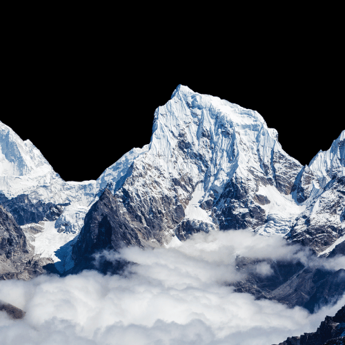 Snow-capped mountain peaks rising above clouds against a black sky.