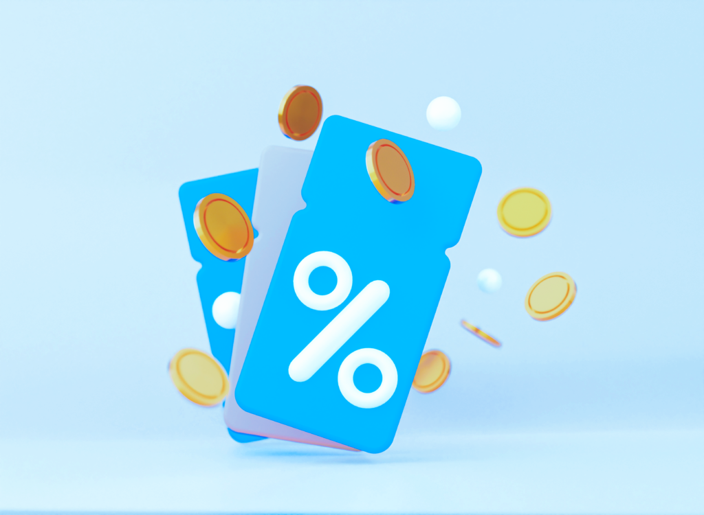 Blue coupons with percent symbol and gold coins, indicating discounts.