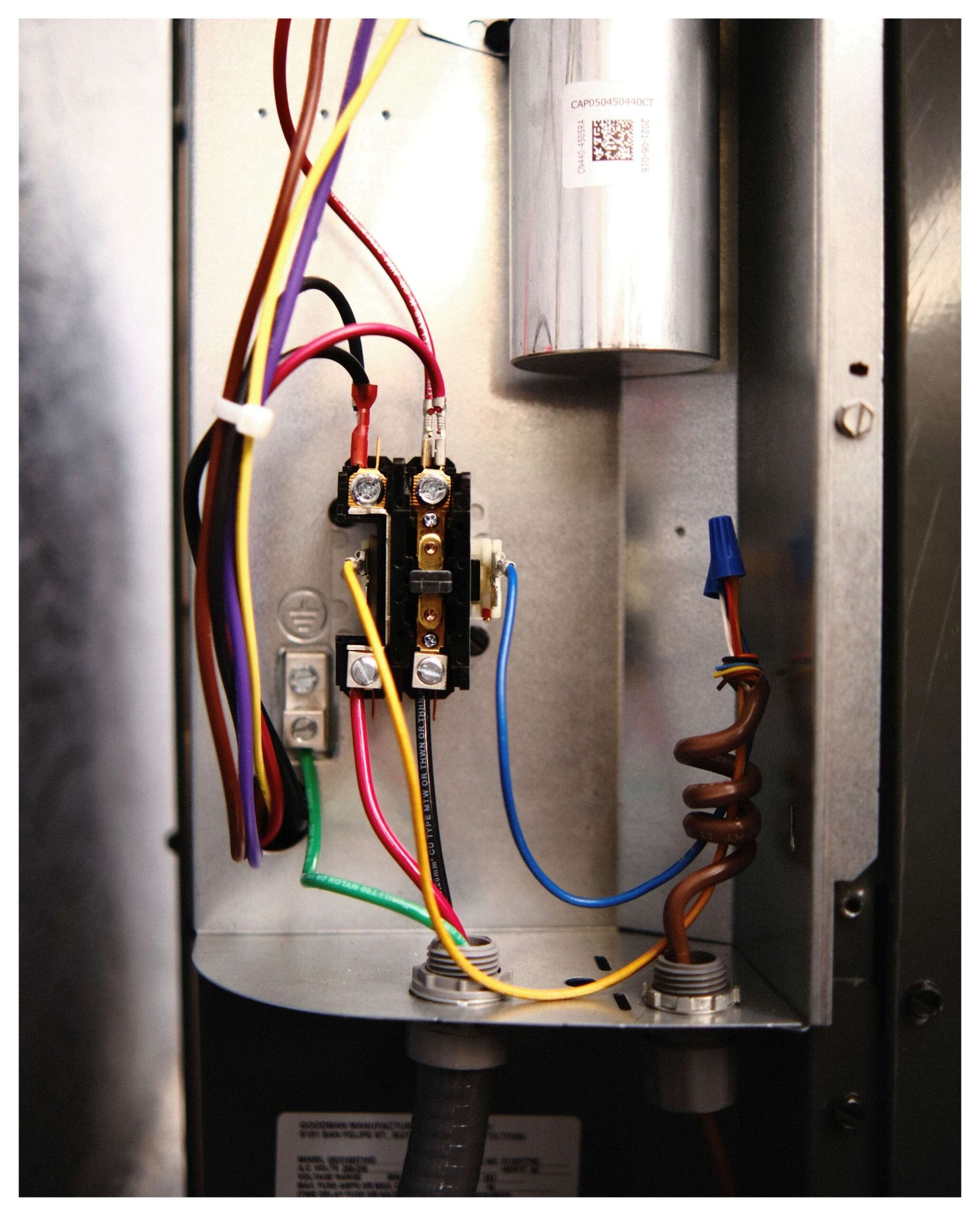 Open HVAC control panel showing wiring and a capacitor.
