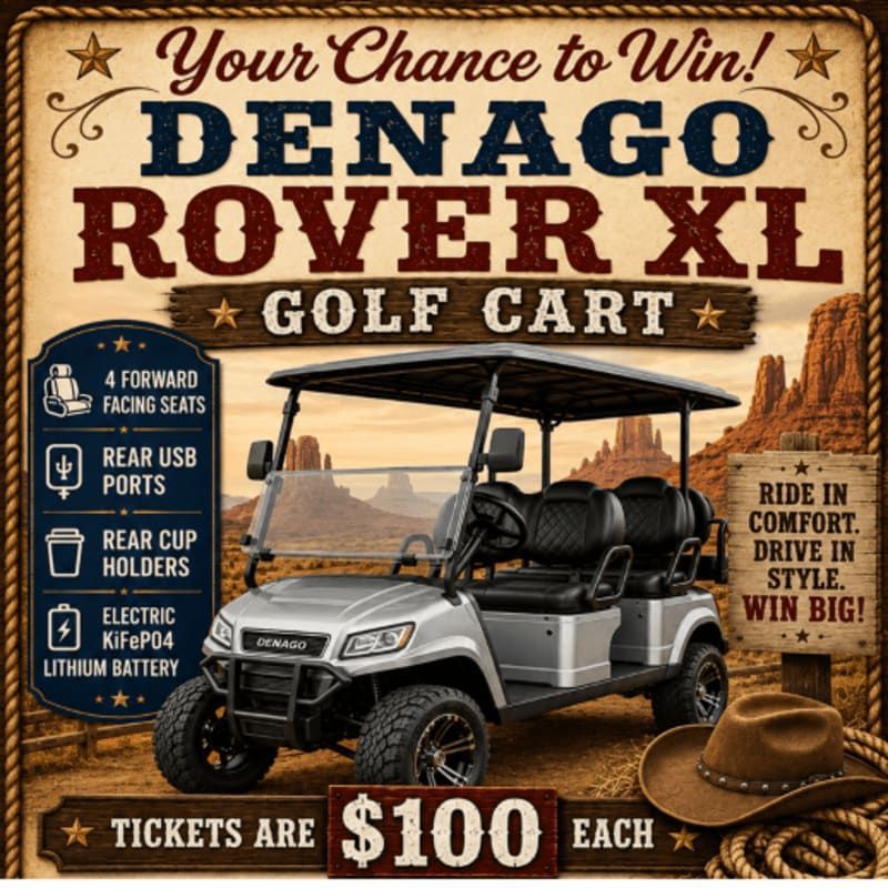 Raffle poster for a Denago Rover XL golf cart, with $100 tickets and desert-themed graphics.