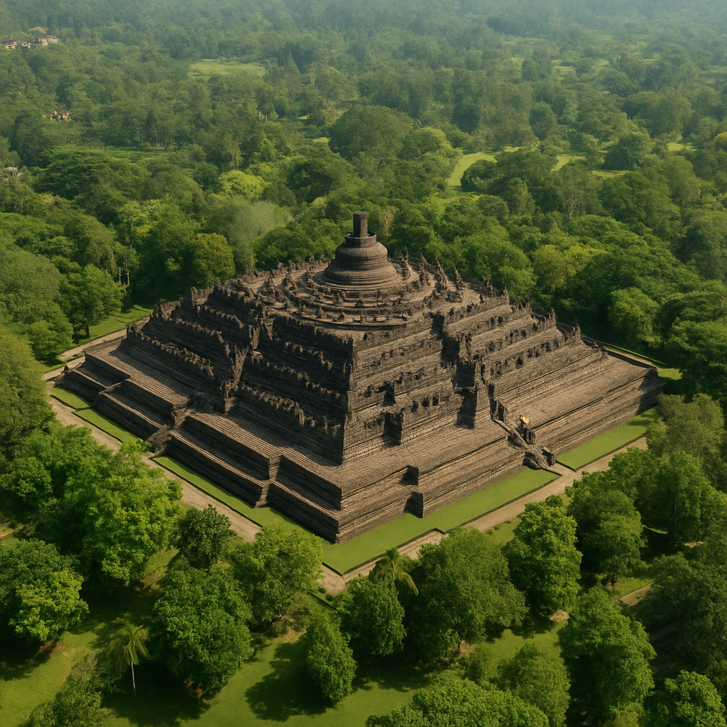 Aerial view of Borobudur Temple surrounded by lush greenery
