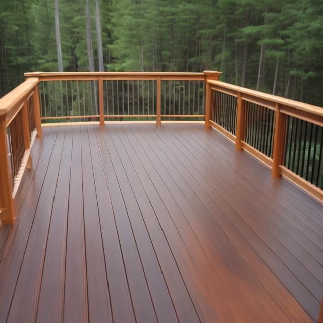 A wooden deck railing with a railing and trees in the background