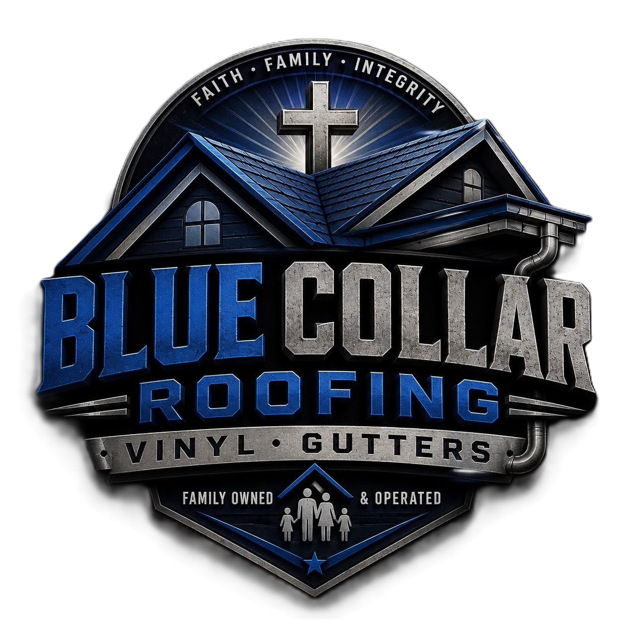 Blue Collar Roofing and Vinyl Gutters logo in blue, black, and silver with a house roof emblem and cross.
