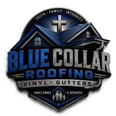 Blue Collar Roofing and Vinyl Gutters logo in blue, black, and silver with a house roof emblem and cross.