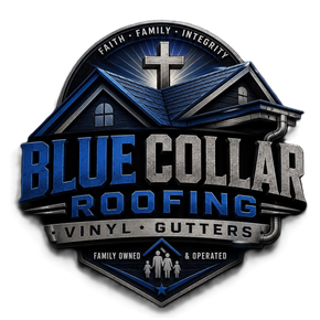 Blue Collar Roofing and Vinyl Gutters logo in blue, black, and silver with a house roof emblem and cross.