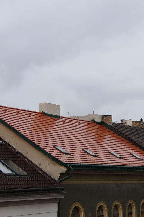 Red-tiled rooftops under a cloudy gray sky, with chimneys and dormer windows