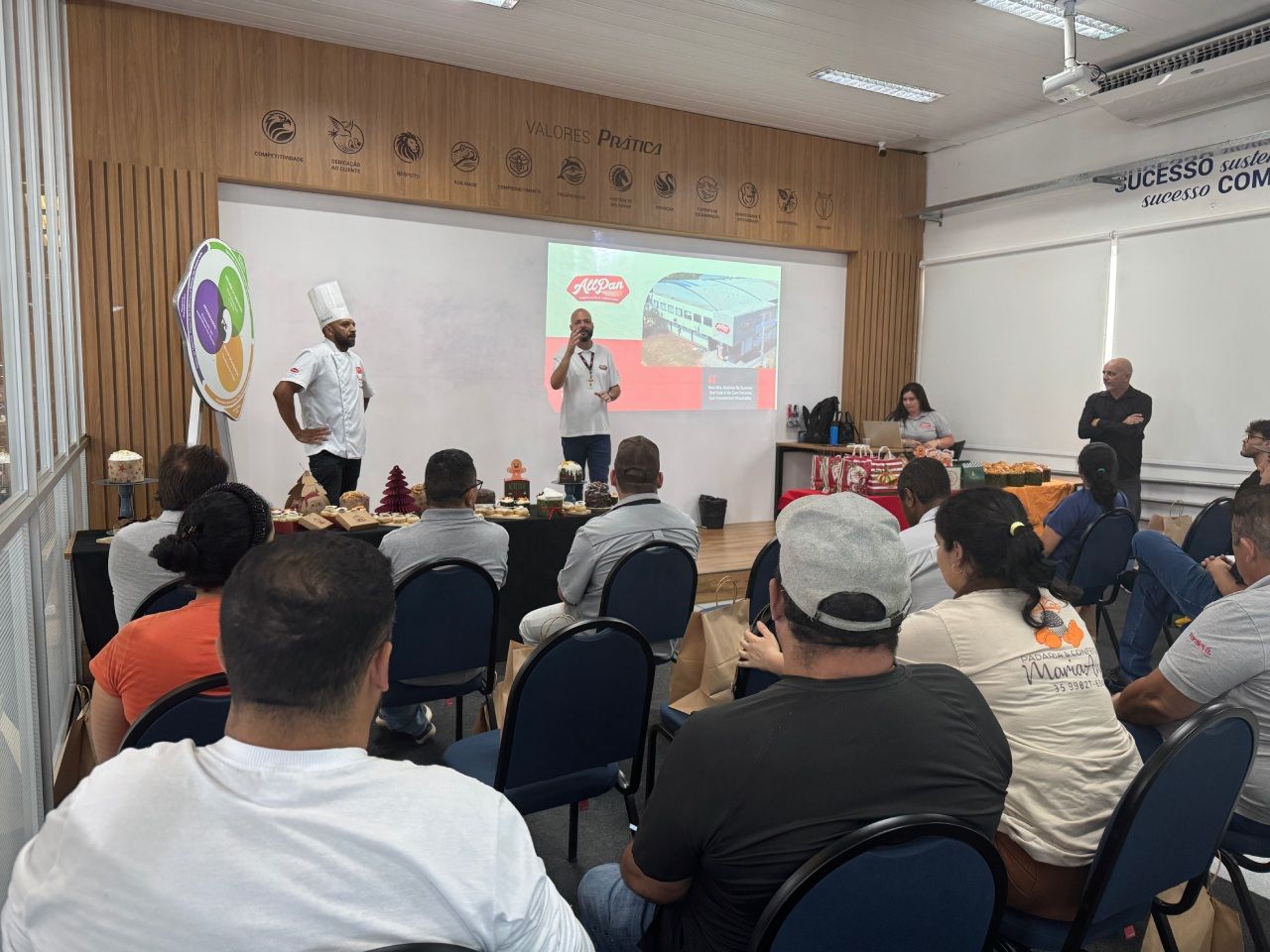 Uma demonstração culinária com um chef apresentando uma receita para uma plateia em uma sala de aula, exibindo um produto em uma tela.