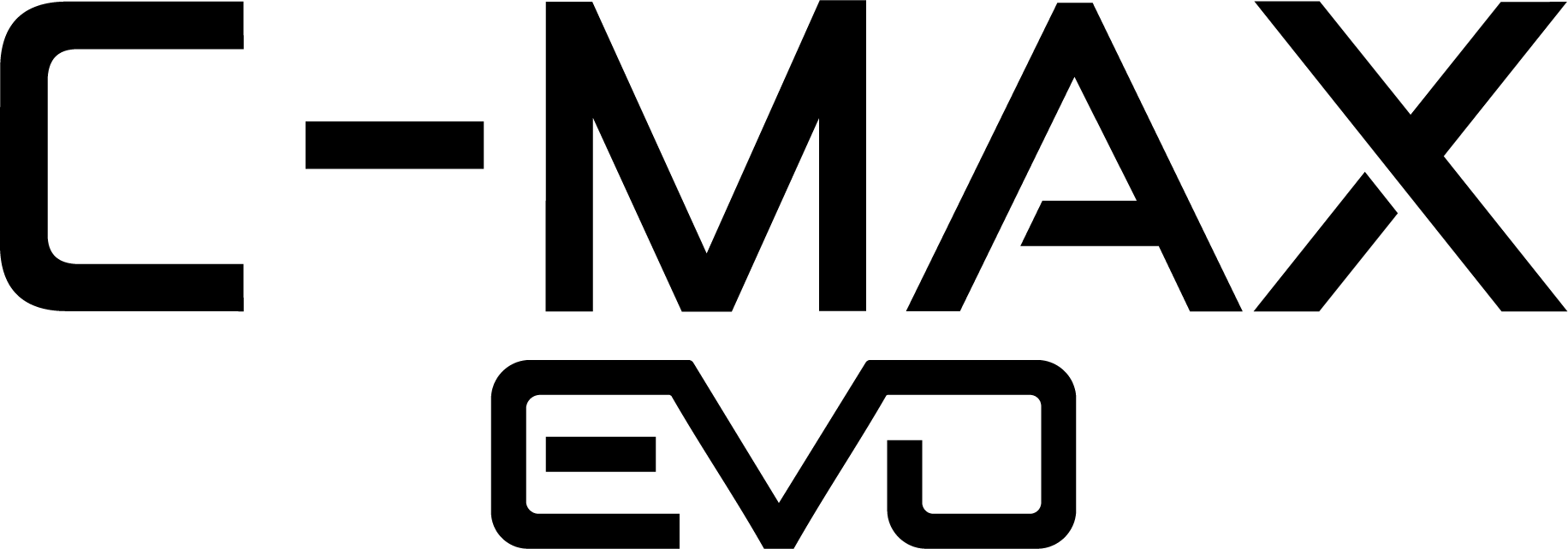 Um logotipo preto e branco para c-max evo em um fundo branco.