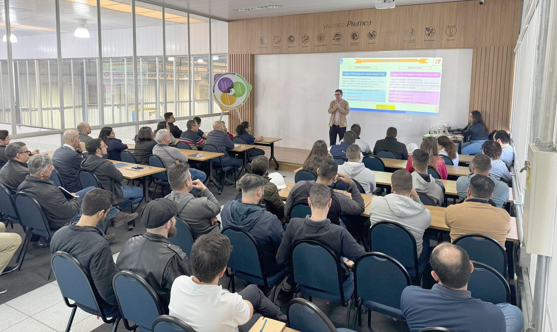 Um grupo de pessoas está sentado em uma sala de aula assistindo a uma apresentação.