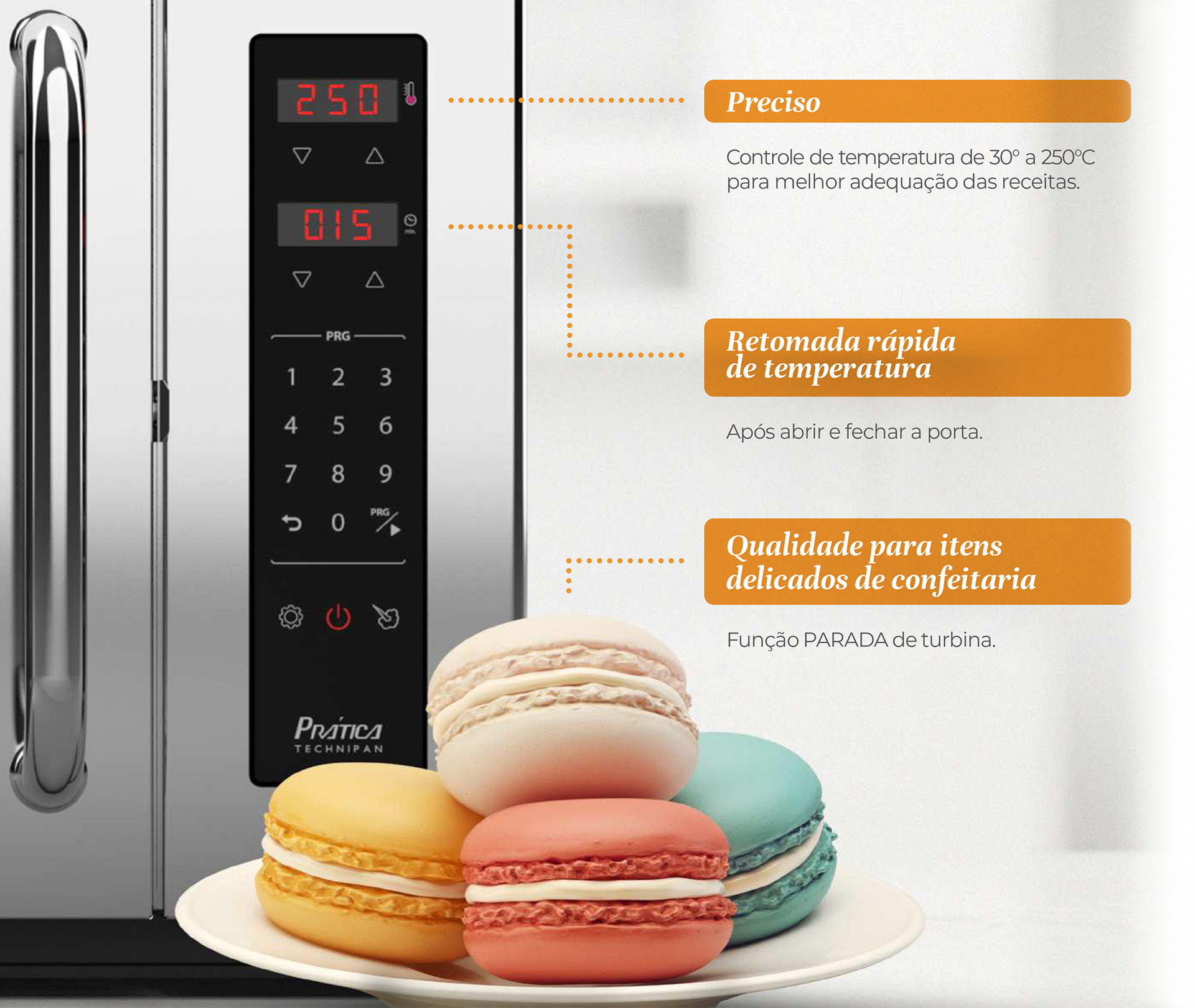 Um prato de macarons fica na frente de um forno de micro-ondas