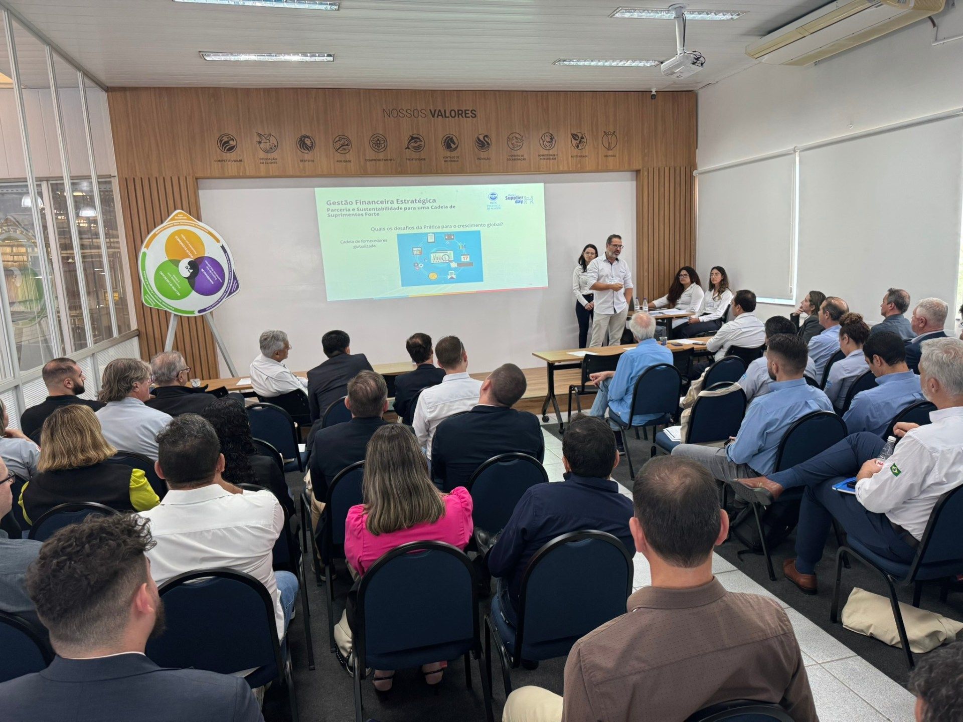 Um grupo de pessoas está sentado em uma sala assistindo a uma apresentação.