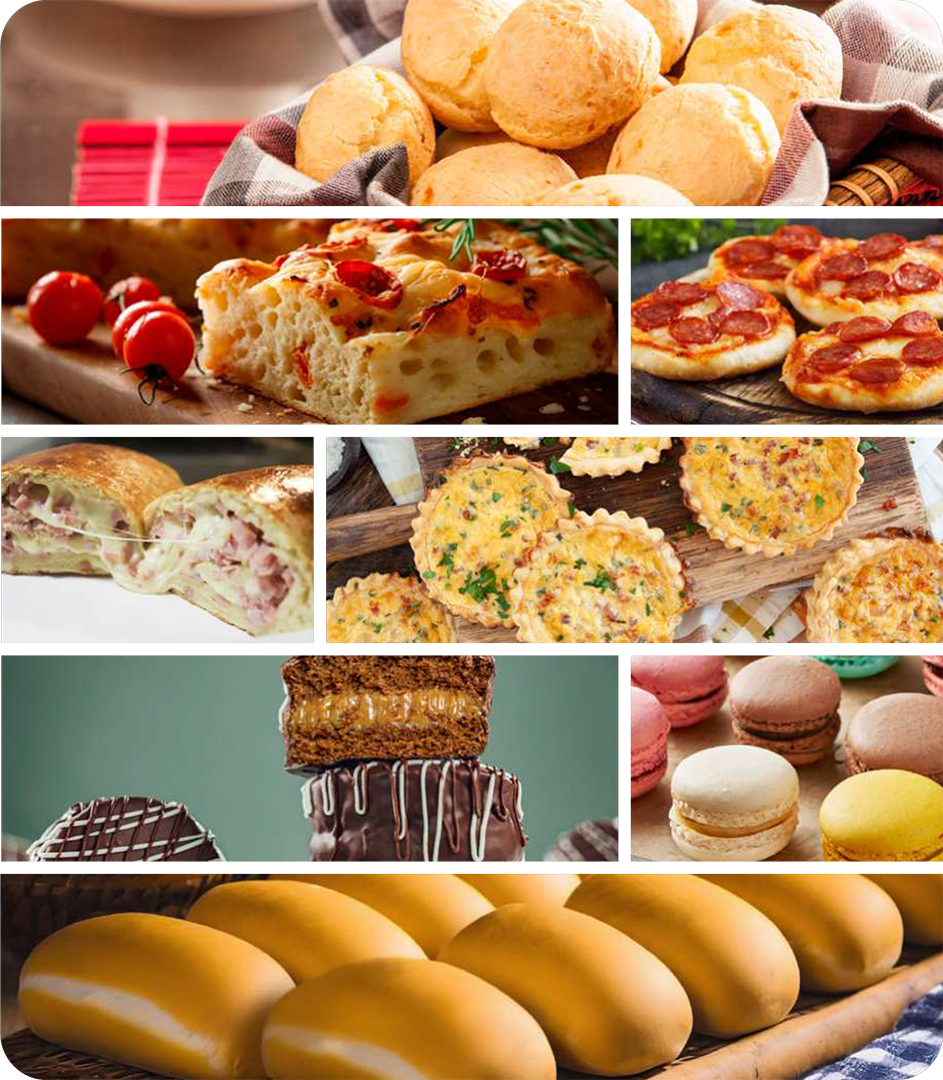 Uma colagem de diferentes tipos de pães e doces.