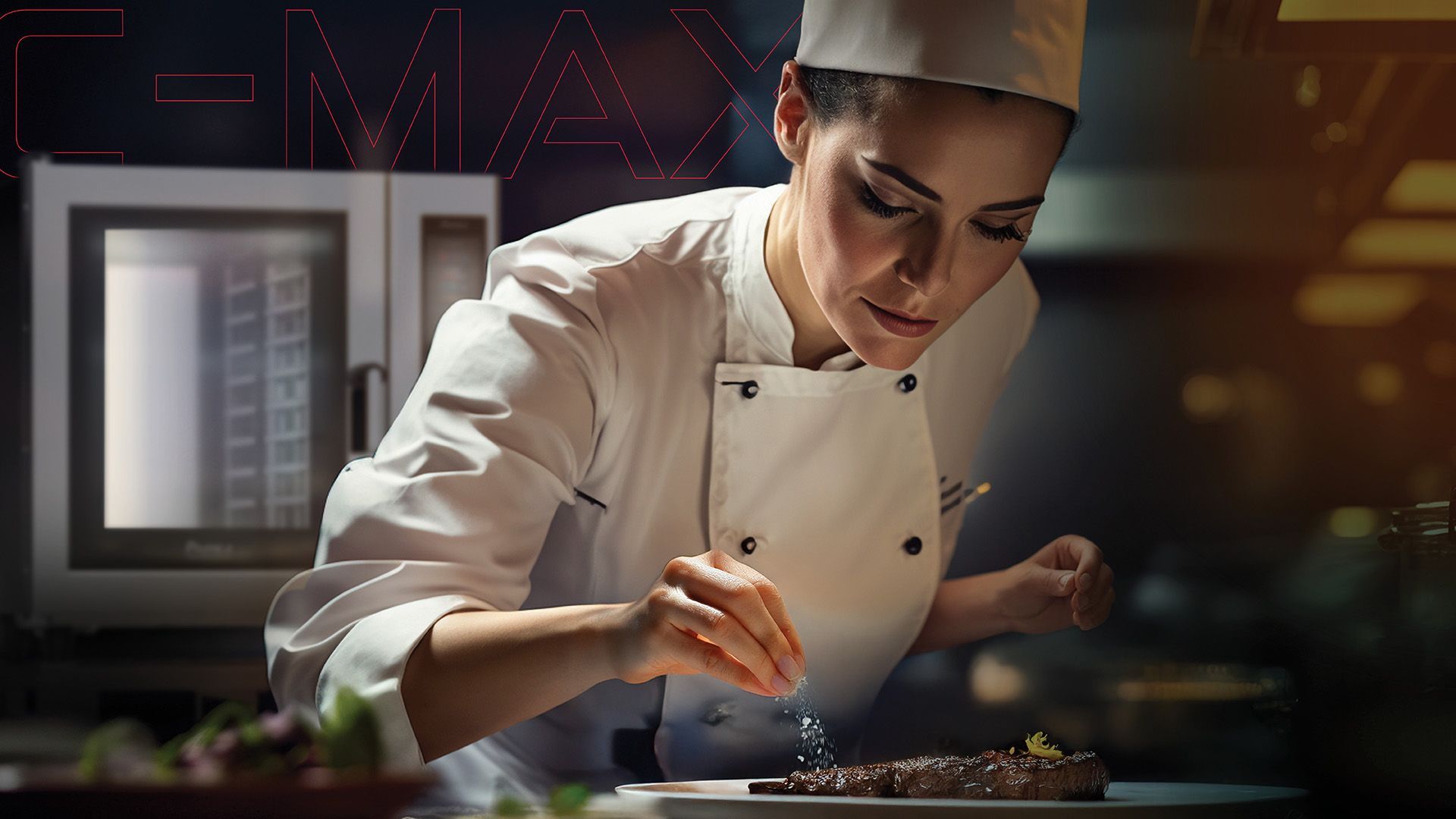 Uma chef está decorando um prato de comida em uma cozinha.