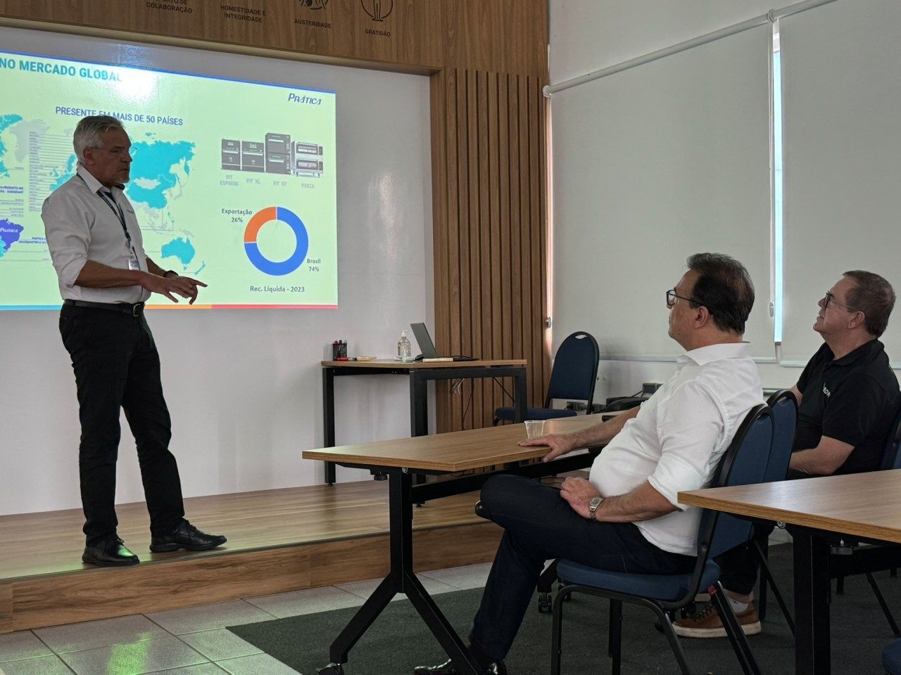 Um homem está fazendo uma apresentação para um grupo de homens em uma sala de aula.