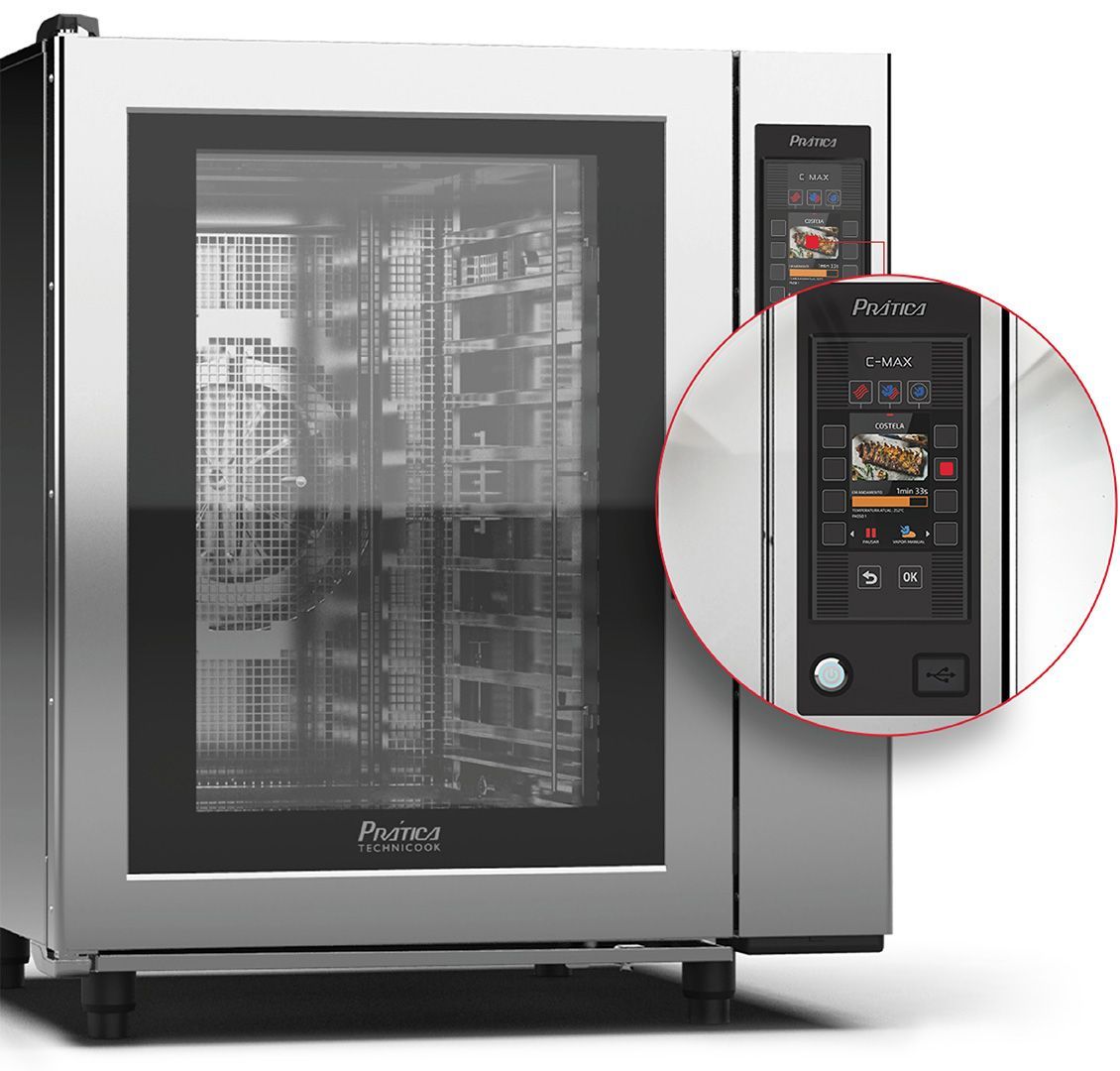 Um forno de convecção de aço inoxidável com porta de vidro