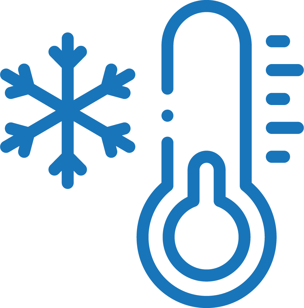 Um termômetro azul com um floco de neve ao lado.