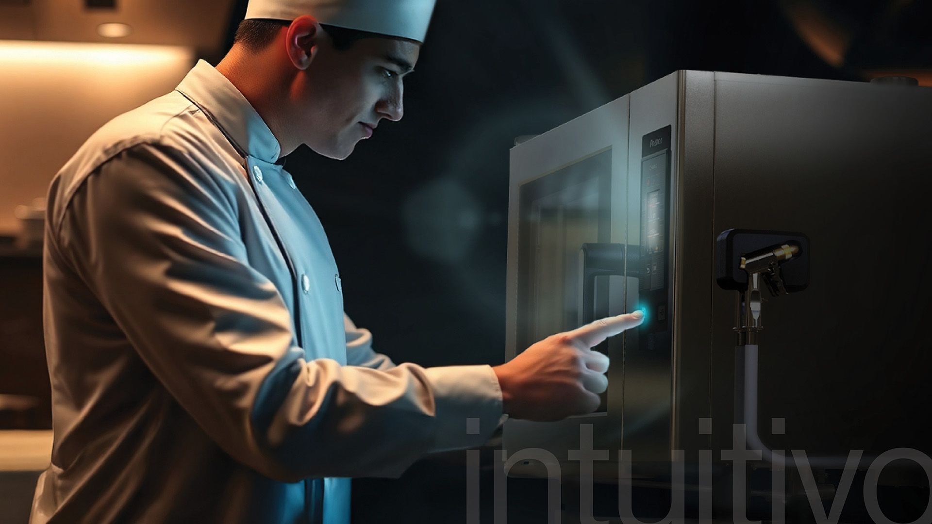 Um chef está apertando um botão em uma máquina.