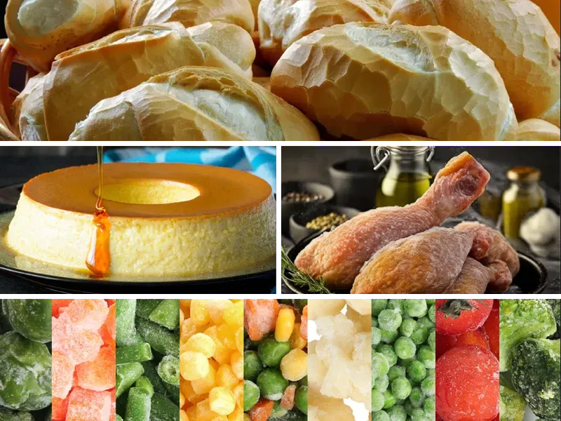 Uma colagem de diferentes tipos de alimentos, incluindo pão, frango e vegetais