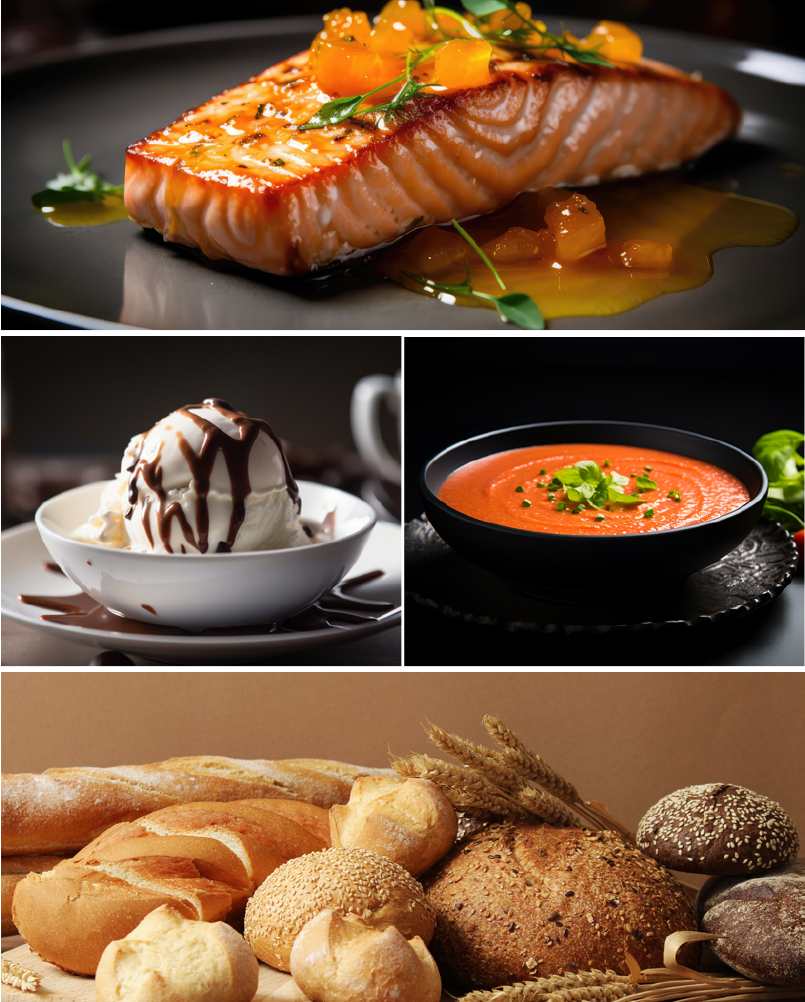 Uma colagem de diferentes tipos de comida, incluindo sopa de sorvete de salmão e pão