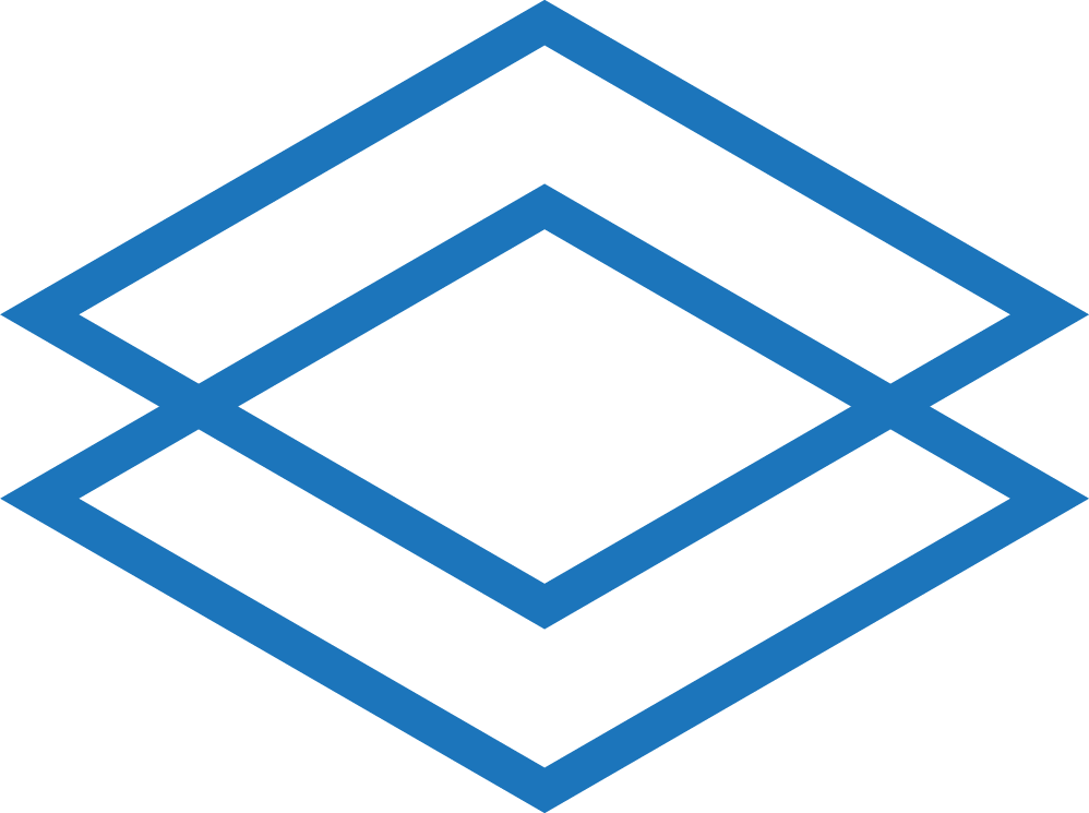 Um ícone azul e branco de dois quadrados empilhados um sobre o outro em um fundo branco.