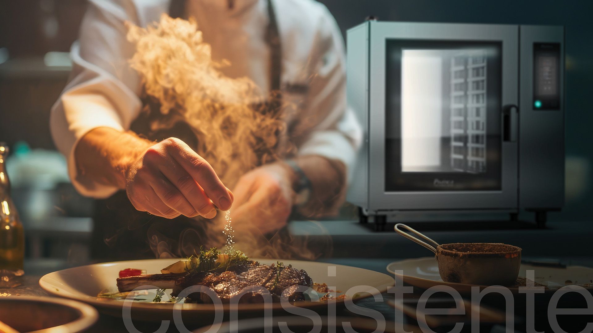 Um chef está preparando um prato de comida em uma cozinha.