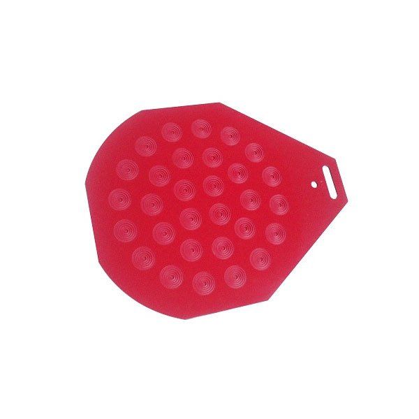 Um item vermelho com círculos tem um buraco no meio