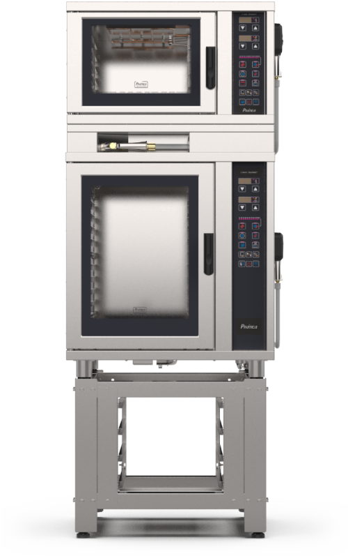 Um forno de aço inoxidável está sobre um suporte de metal.