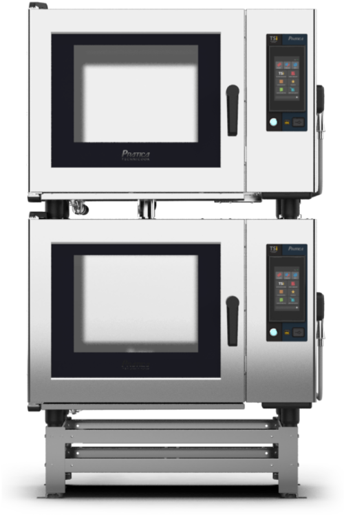 Dois fornos são empilhados um em cima do outro em um suporte.