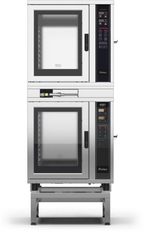 Um forno de aço inoxidável é empilhado em cima de outro forno