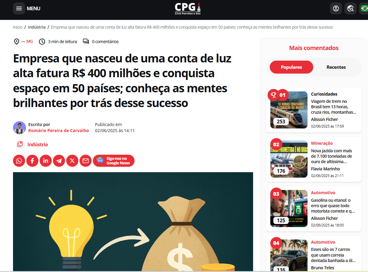 Uma captura de tela de um site com uma lâmpada e uma bolsa de dinheiro.