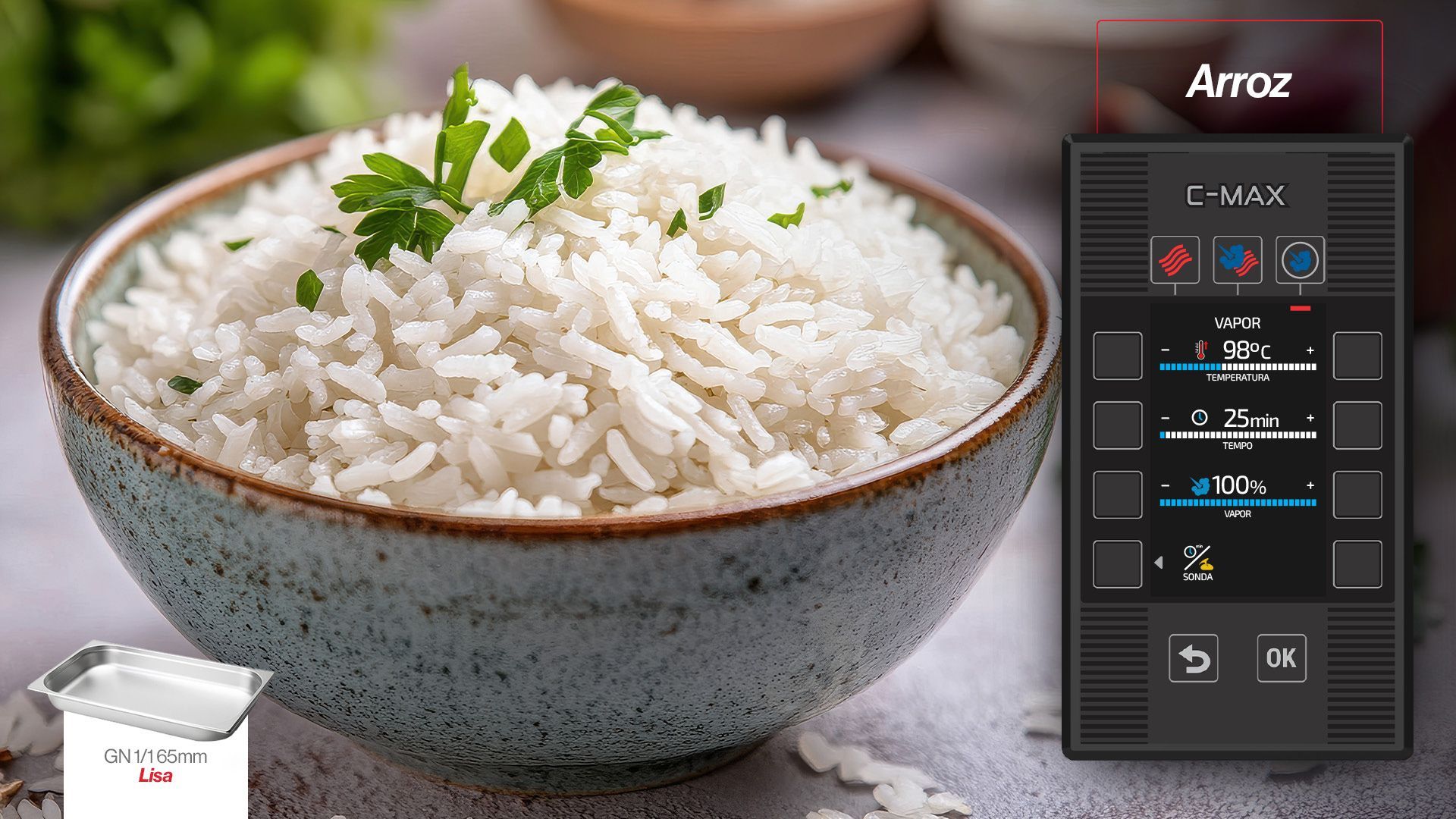 Uma tigela de arroz branco ao lado de uma caixa de arroz.