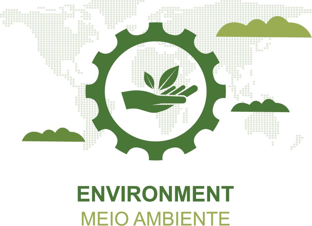 Uma engrenagem verde com uma mão e folhas dentro dela.