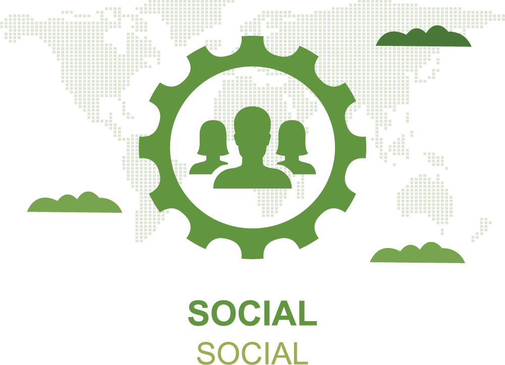 Uma engrenagem verde com um grupo de pessoas dentro dela em um mapa do mundo.