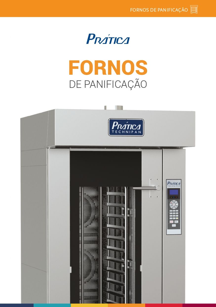 A brochure for fornos de panificação is shown on a white background.